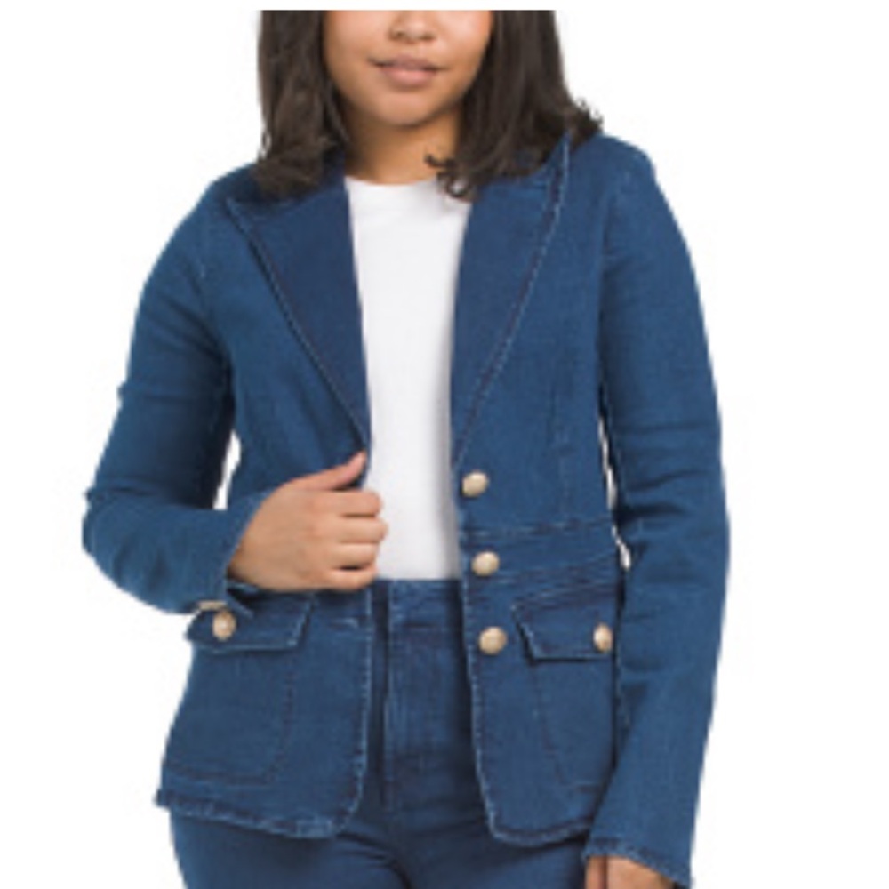 SOLD! ALEC  Les Filles Women’s Blue Kick Flare 3 Gold Buttons Denim Blazer
